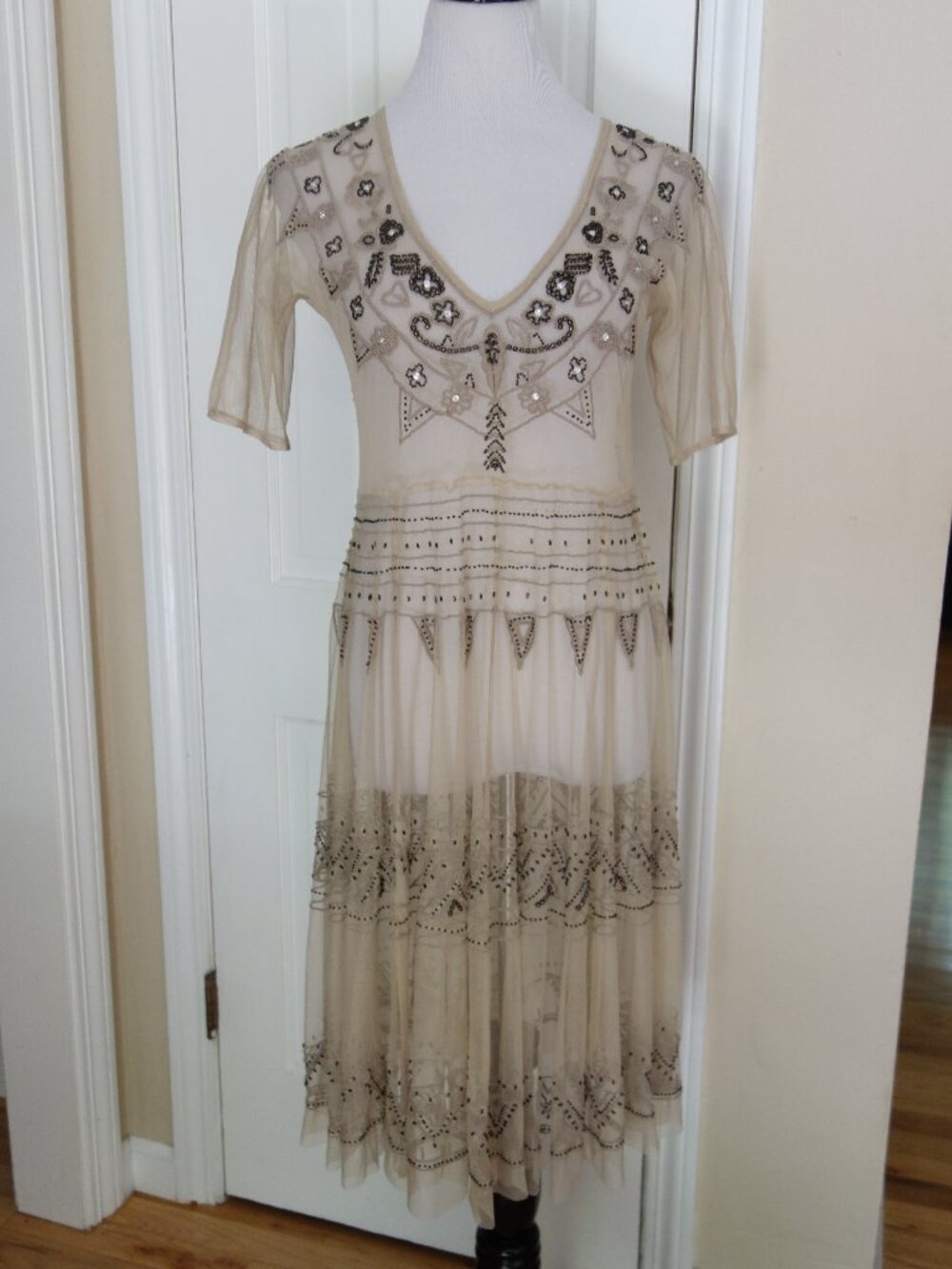 BIYA Sheer Nude Mesh Netted Heavily Beaded Embroidered Boho Dress Large